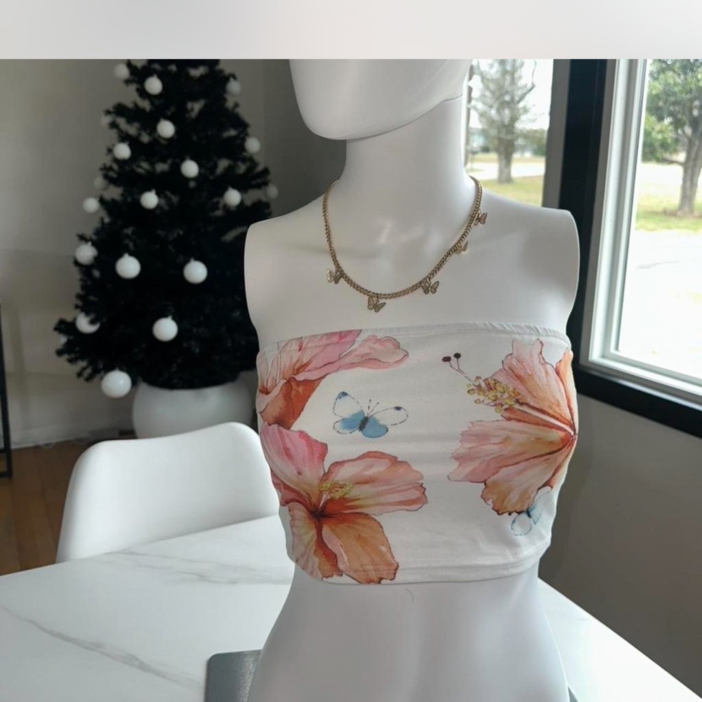Floral Strapless Top - White and Pink